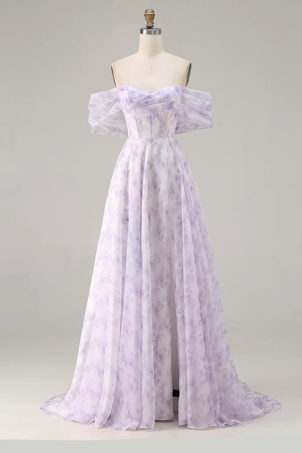 Lilac Off The Shoulder A Line Corset Print Floral Long Prom Dress with Slit