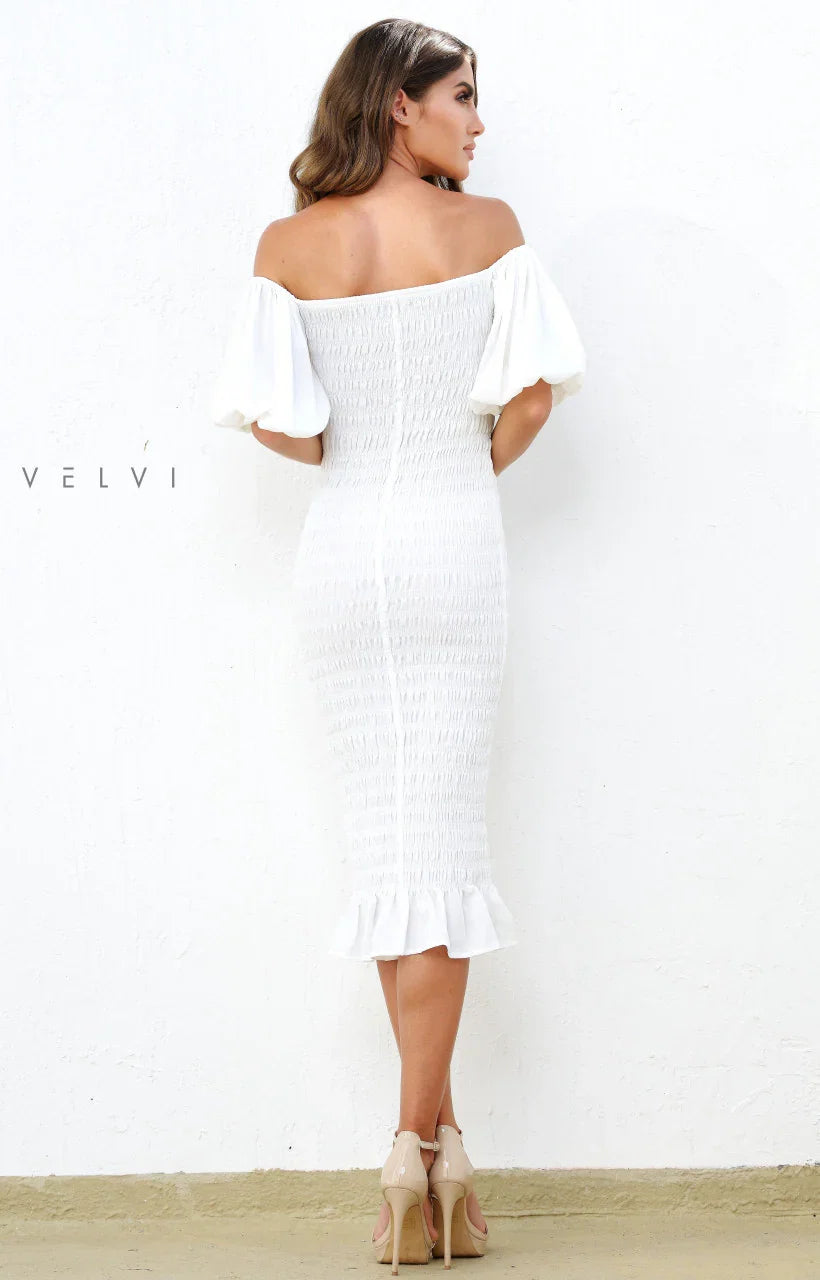 Skyla Shirred Midi Dress WHITE