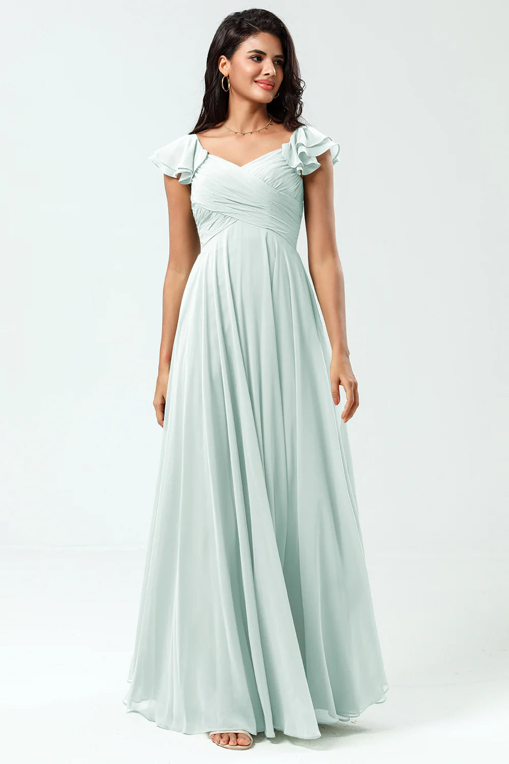 Lace Up Back Cross A Line Chiffon Bridesmaid Dress with Ruffles