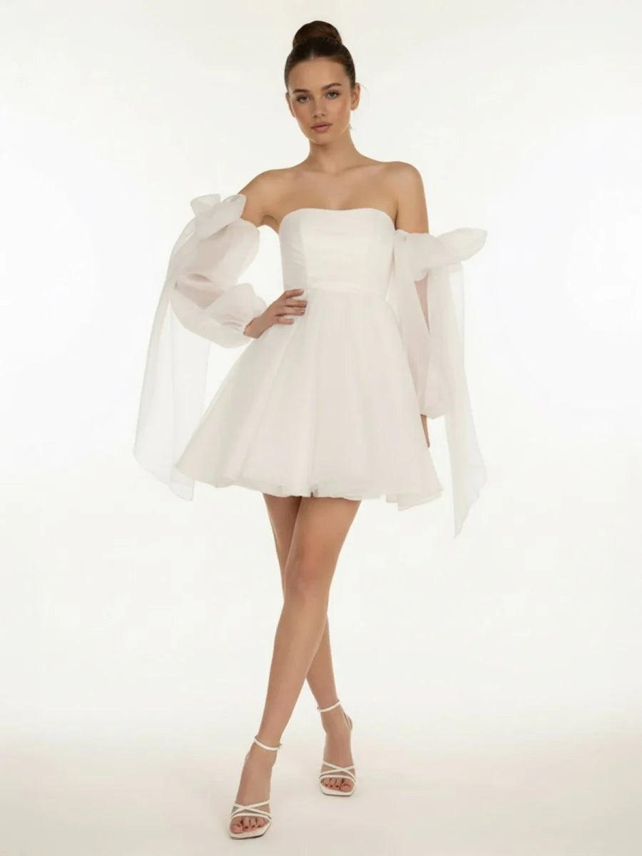 A Line Puff Long Sleeves Short Wedding Dresses With Bows