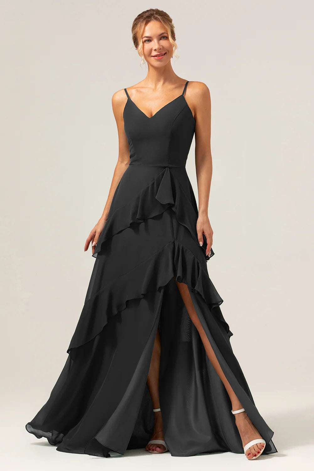 Dark Green A Line V Neck Ruffled Chiffon Tiered Long Bridesmaid Dress with Slit