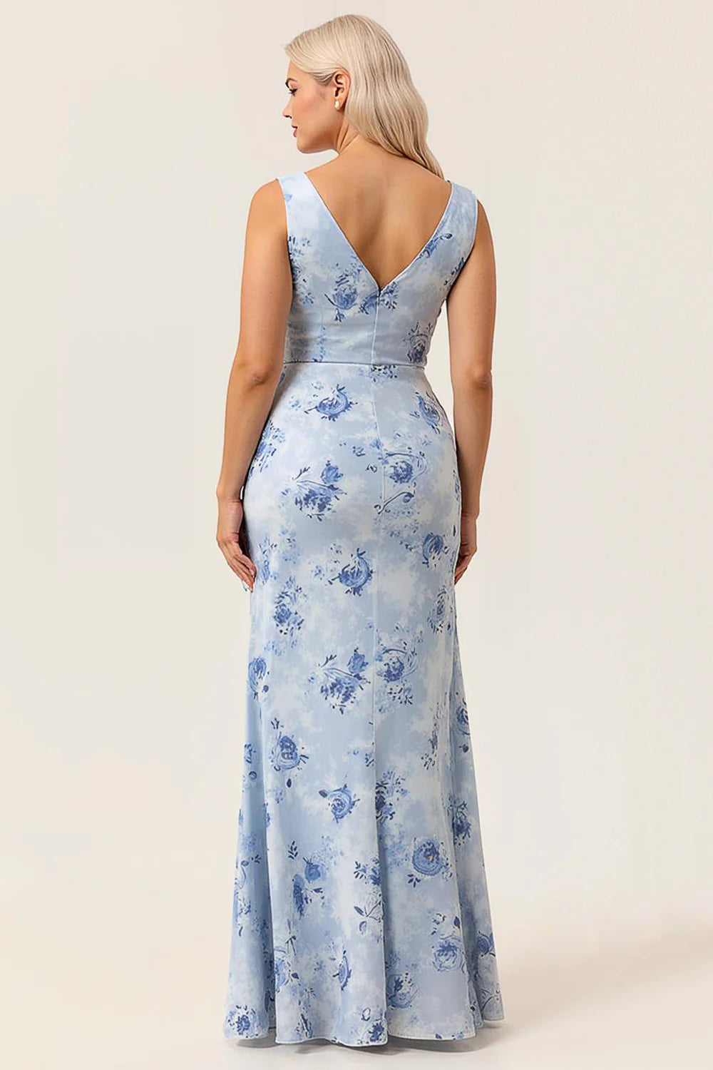 Blue Sheath Open Back Print Floral Chiffon Long Plus Size Bridesmaid Dress