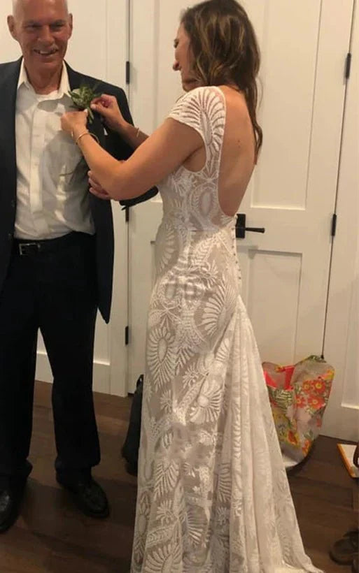 Bohemian Mermaid Bateau Neck Floor length Lace Wedding Dress