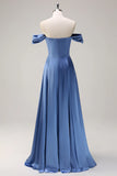 Dusty Blue A Line Off The Shoulder Ruched Long Bridesmaid Dress