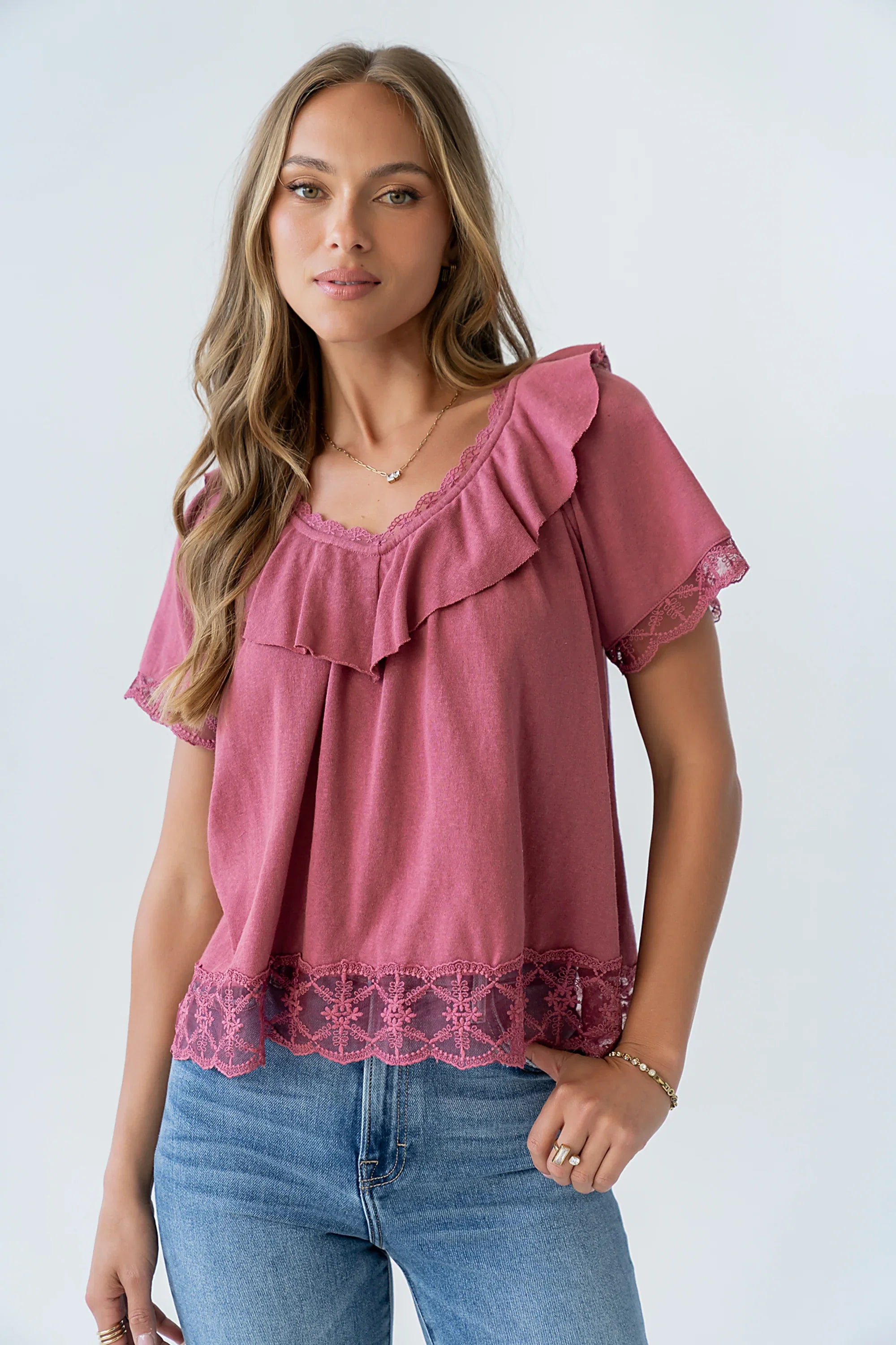 Lilian Lace Trim Top in Berry