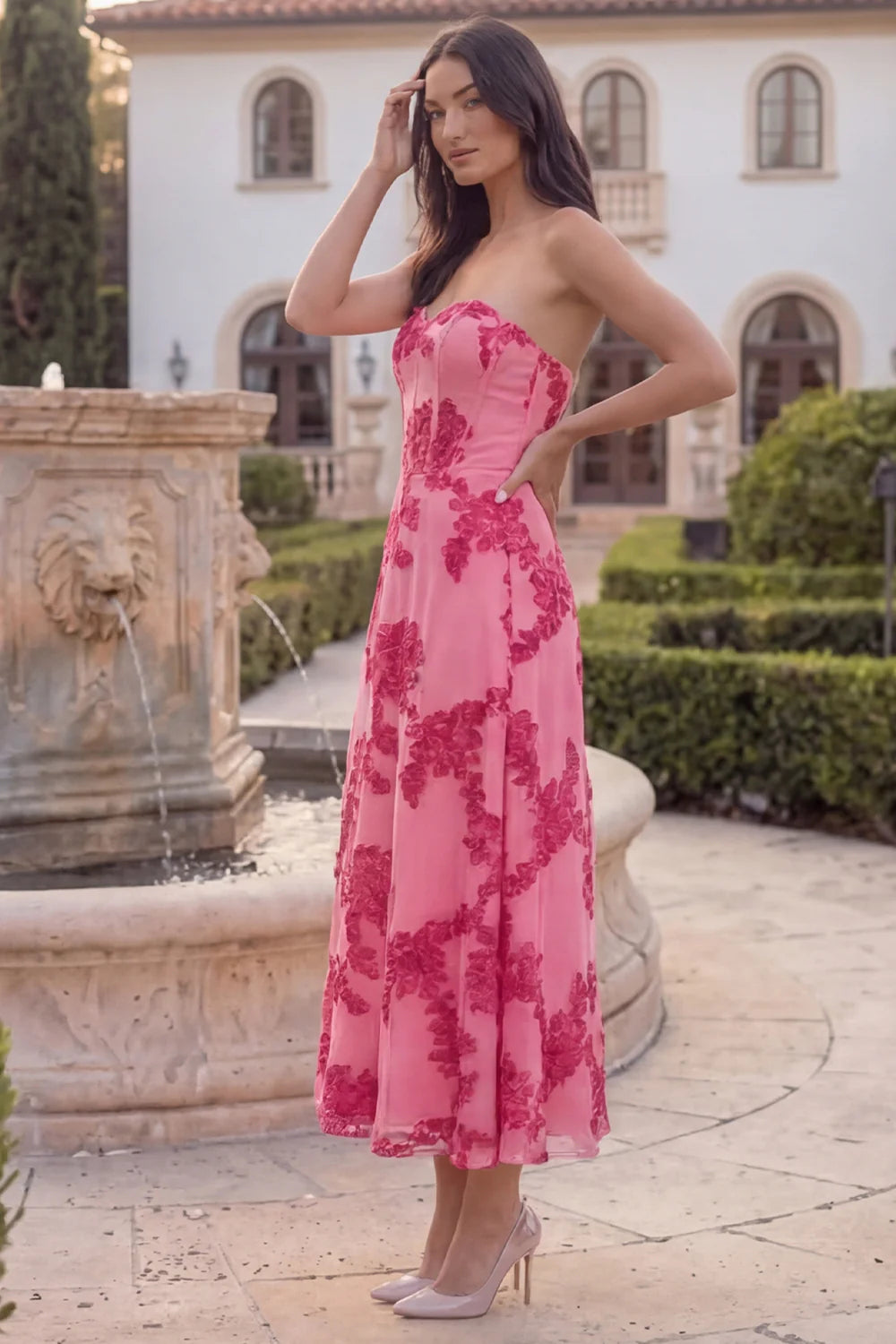 Hot Pink Floral A Line Strapless Corset Midi Wedding Guest Dress