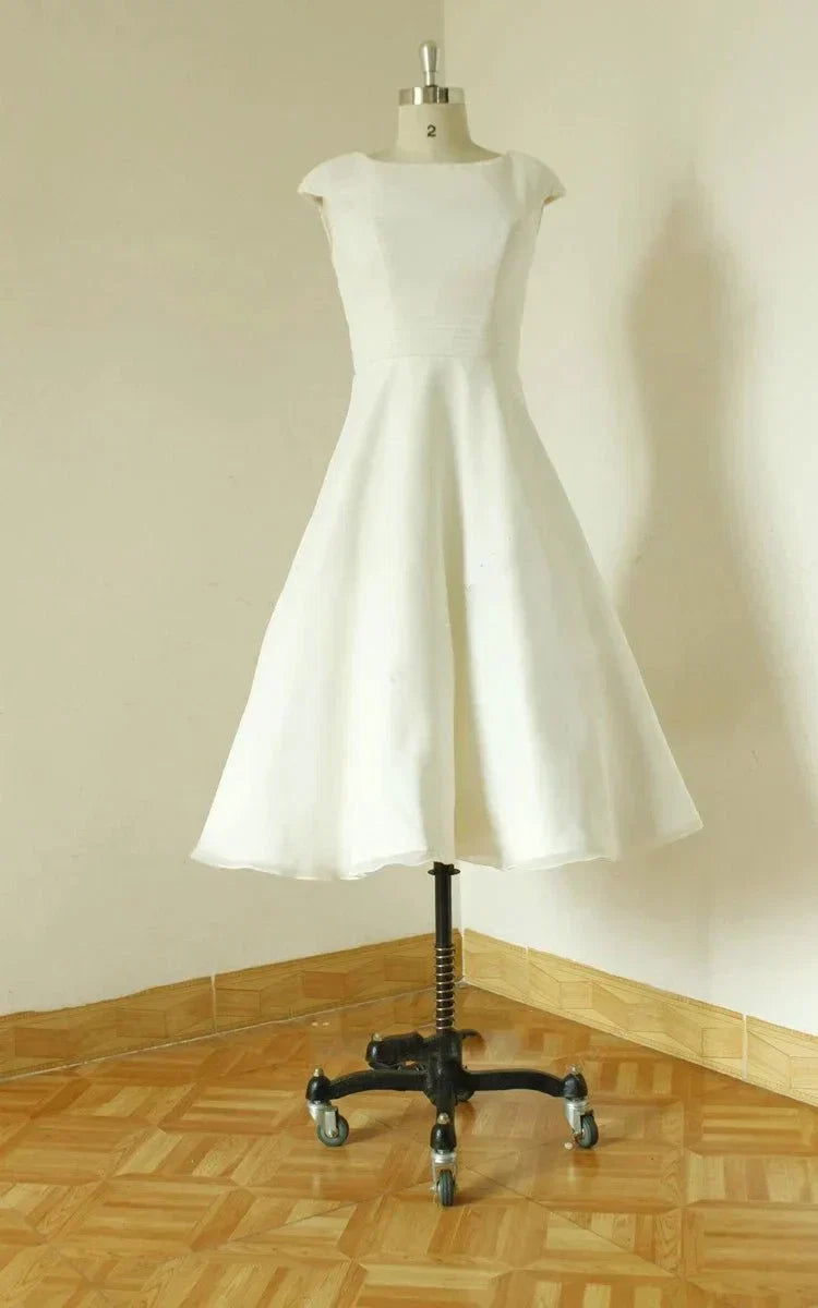 Jewel Cap Sleeve Zipper Back Tea Length Satin Wedding Dress