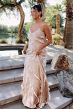Straps Sheath Champagne Ruffle Maxi Bridesmaid Dress