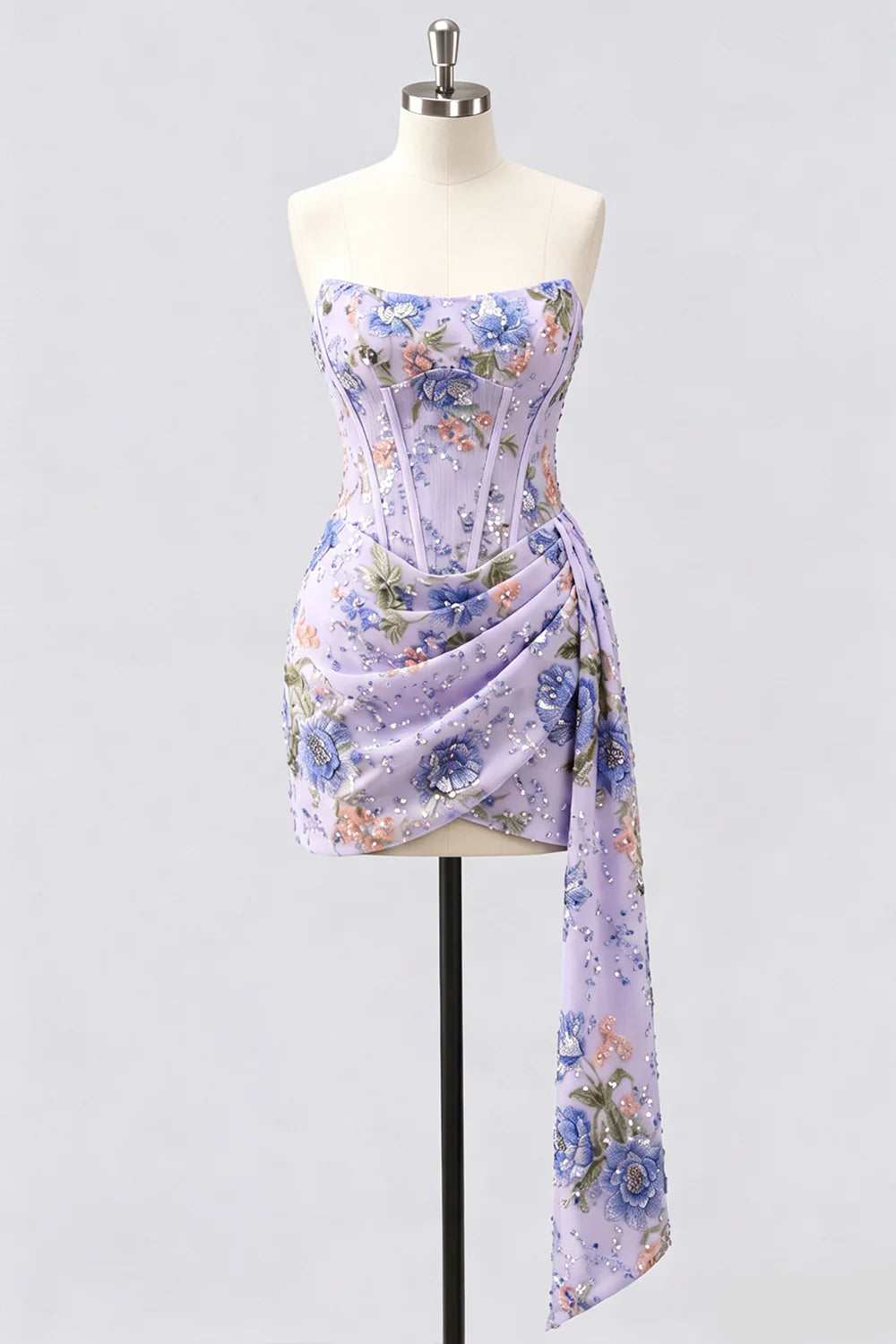 Strapless Pink Bodycon Corset Floral Sequin Homecoming Dress with Sash