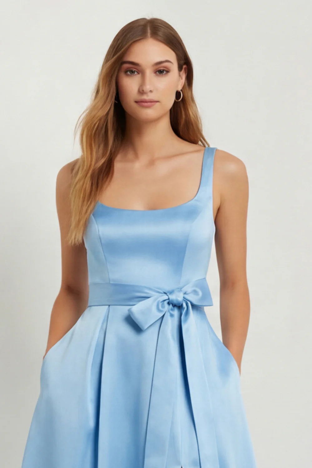Light Blue A Line Square Neck Bow Satin Long Bridesmaid Dress with Slit