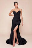AVA POINTED V NECKLINE GOWN STRAPLESS STRETCH SPANDEX SATIN FITTED DRESS