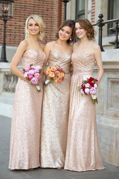 Gold Sequin Sweetheart Bridesmaid DressesStrapless Long Bridesmaid Dress