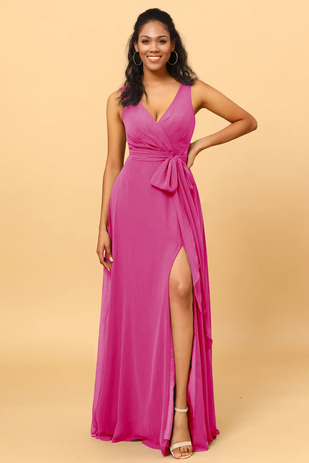 A Line V Neck Sleeveless Long Chiffon Bridesmaid Dress with Slit