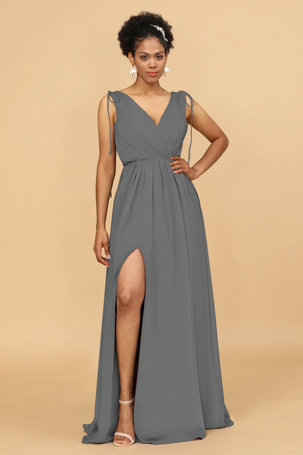A Line Ruched V Neck Sleeveless Chiffon Bridesmaid Dress with Slit