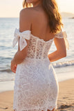 Ivory Off the Shoulder Lace Corset Short Wedding Dress with Bows