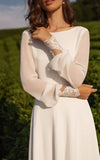 Modest A Line Long Sleeve Floor Length Train Simple Casual Chiffon Bateau V Back Wedding Dress