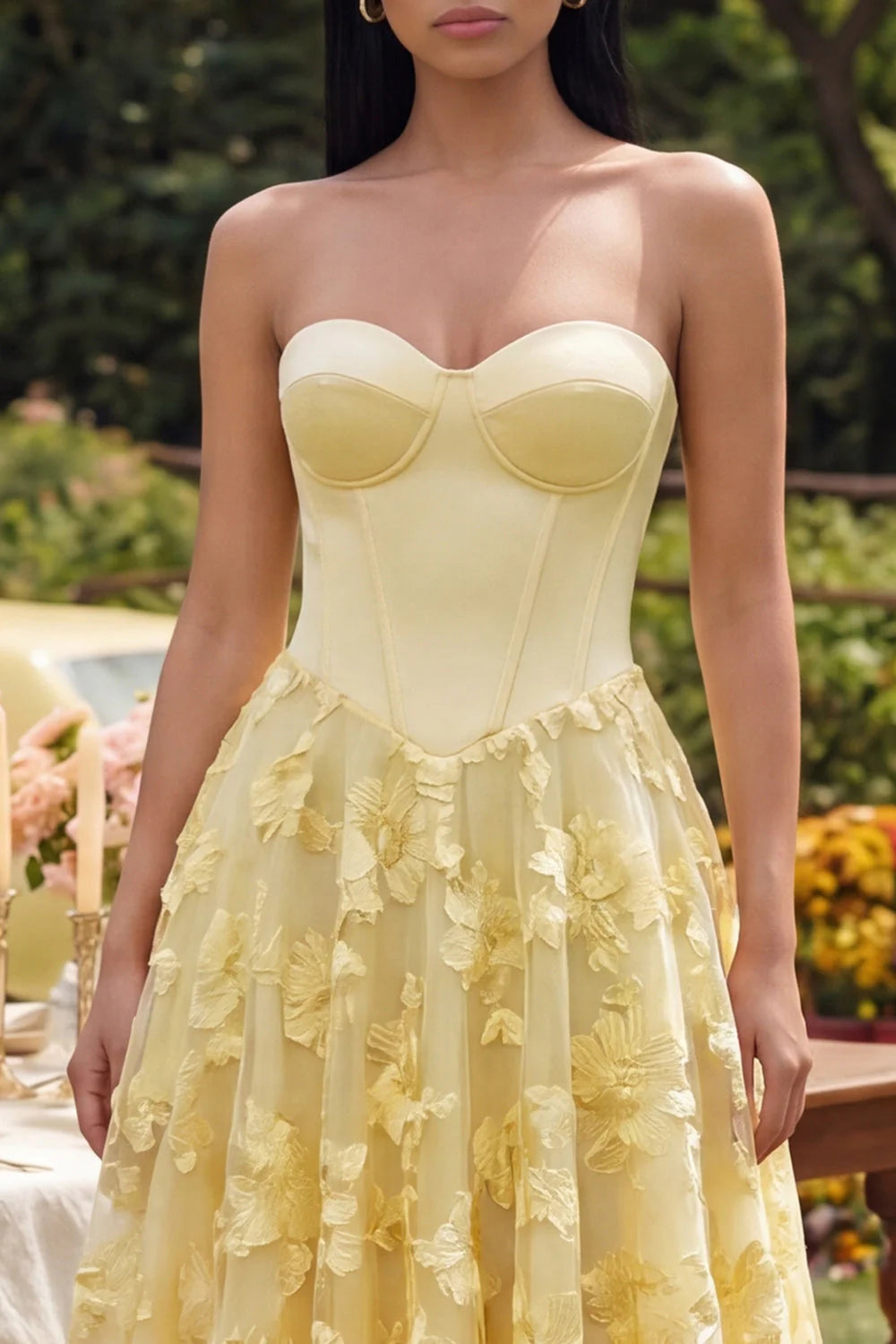 Yellow Sweetheart Floral Corset Wedding Guest Dress