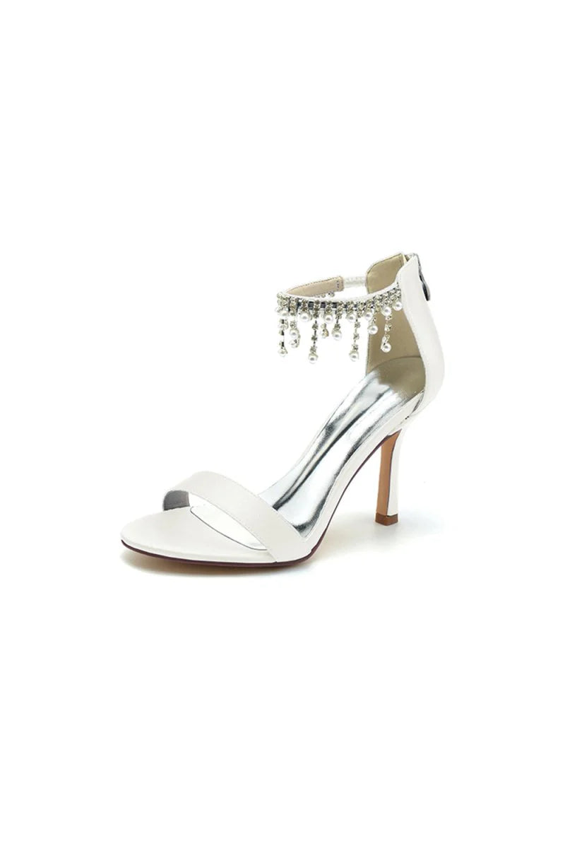 Glamorous White Leather High Heels with Silver Chain Accent