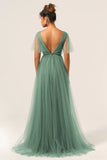 Eucalyptus A Line V Neck Open Back Floor Length Tulle Bridesmaid Dress