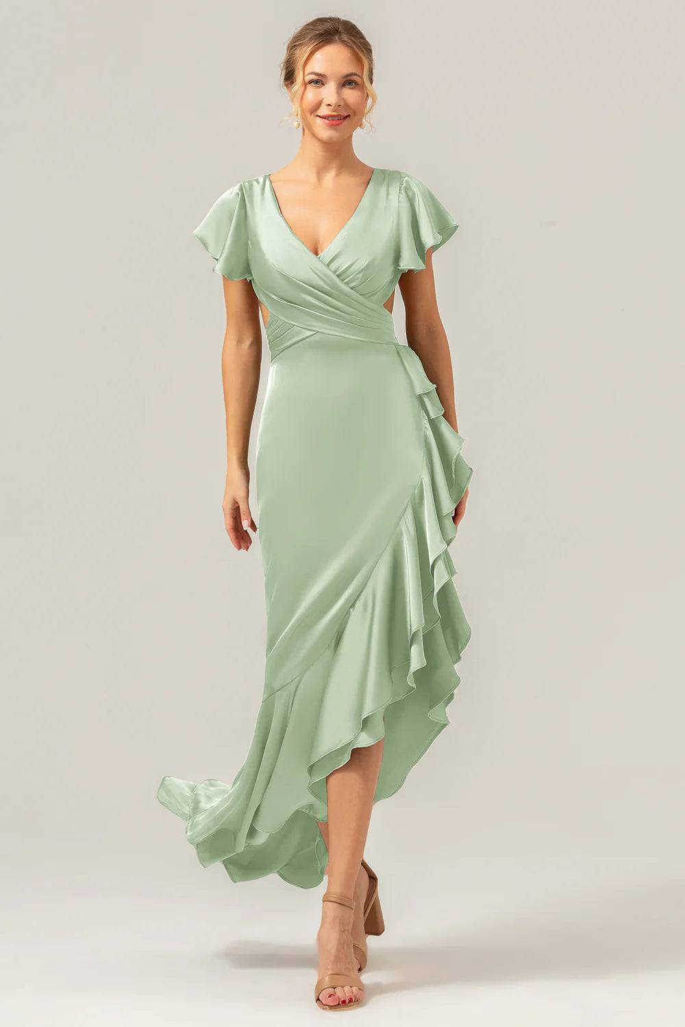 A Line V Neck Asymmetrical Dark Green Bridesmaid Dress with Ruffle Slit
