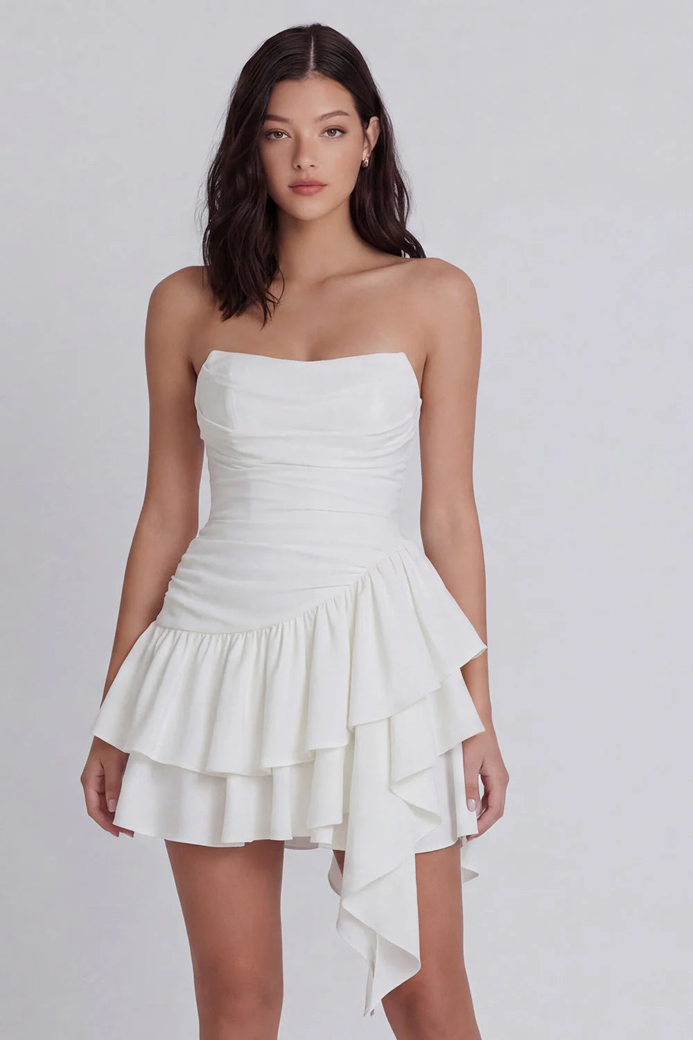 White Tiered A Line Ruffled Strapless Graduation Dress