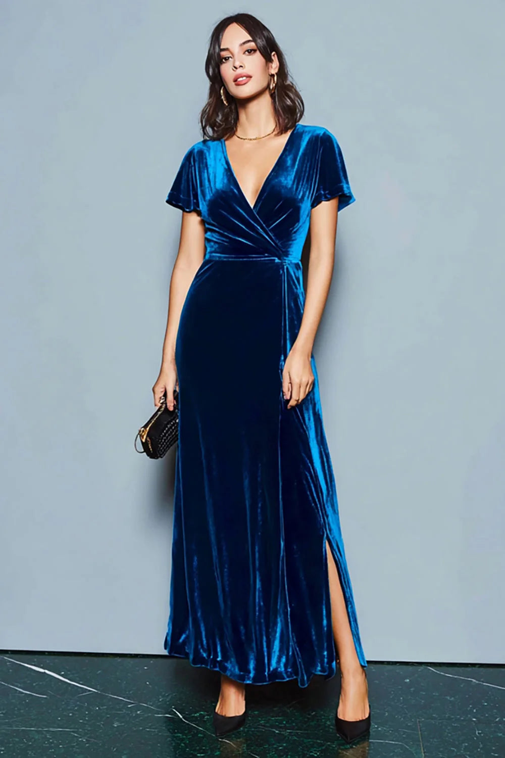 Dark Blue A Line Velvet Holiday Party Dress with Slit