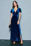 Dark Blue A Line Velvet Holiday Party Dress with Slit