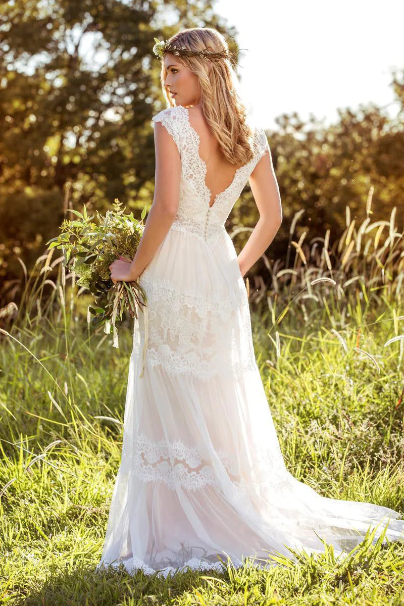 V Neck Long Cap Sleeve Appliqued Lace Tulle Wedding Dress