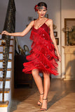Red Spaghetti Straps Sequins Fringed Flapper Formal Dress