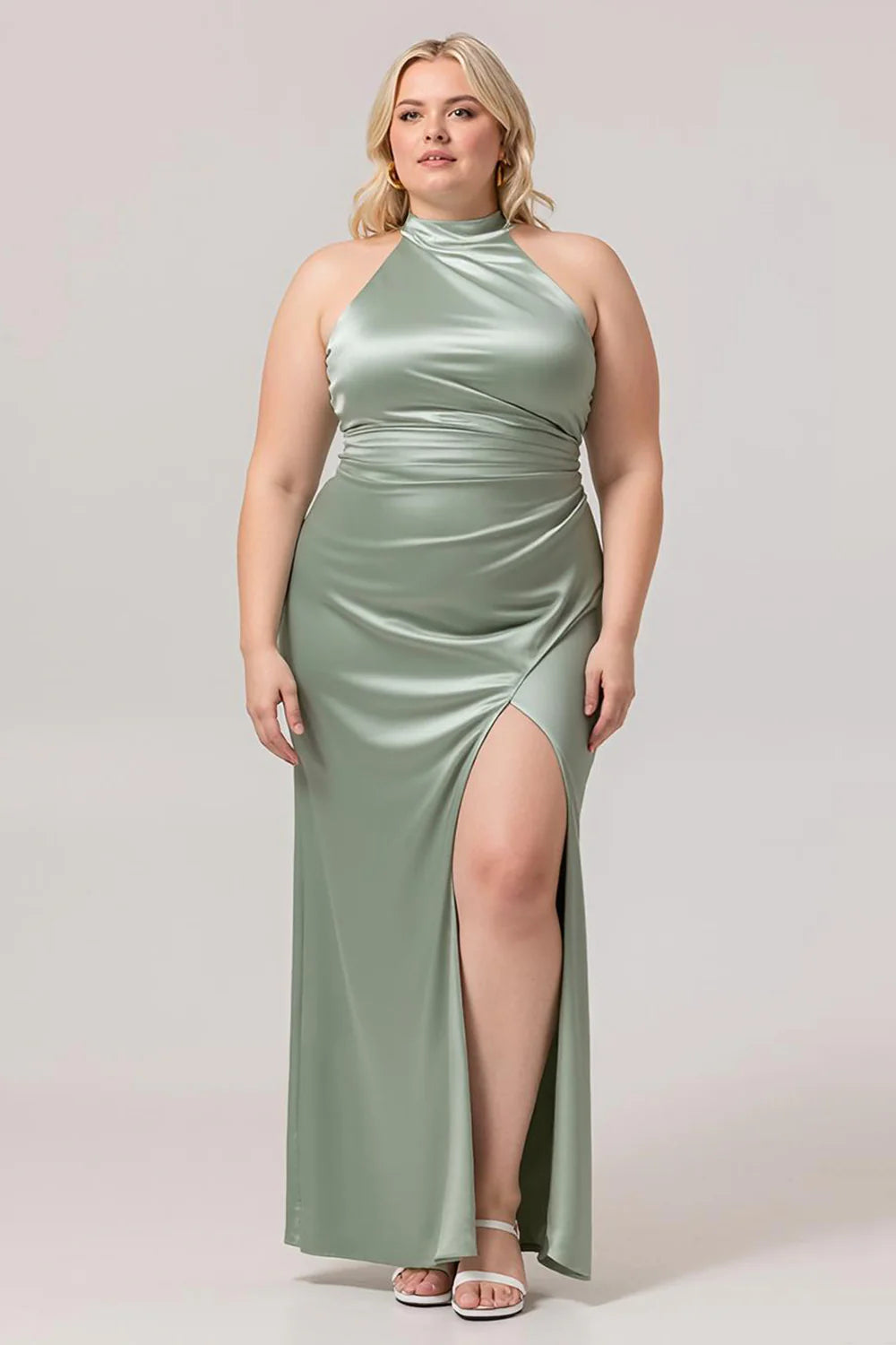 Sage Green Sheath Satin High Neck Backless Long Plus Size Bridesmaid Dress with Side Slit