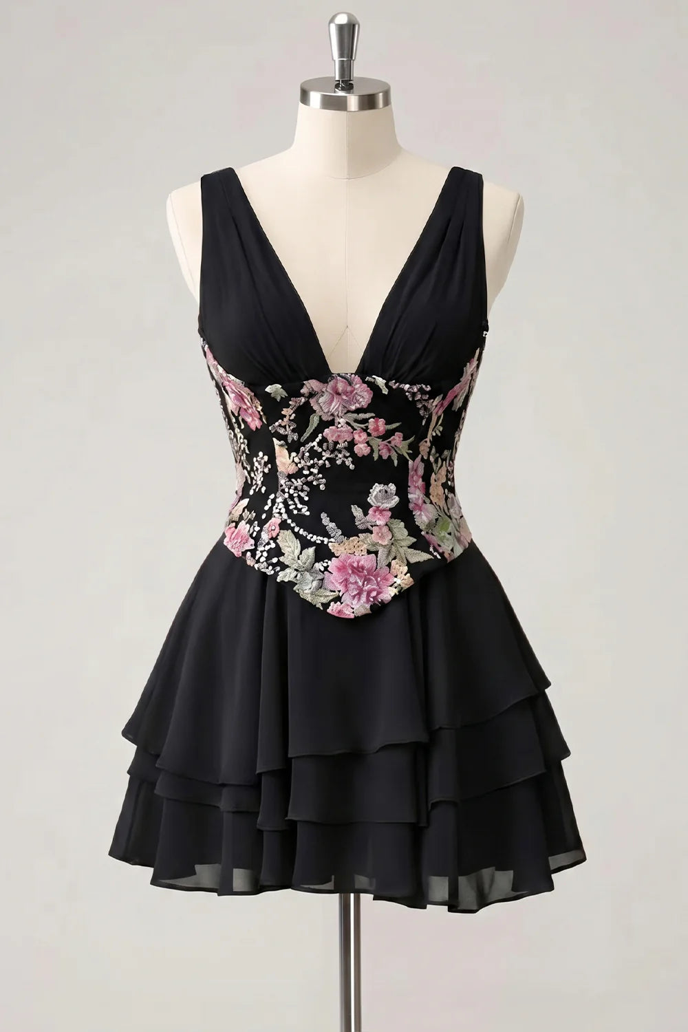 Pink Floral Appliqued V Neck Tiered A Line Homecoming Dress