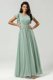 Matcha A Line Round Neck Ruched Floor Length Chiffon Bridesmaid Dress