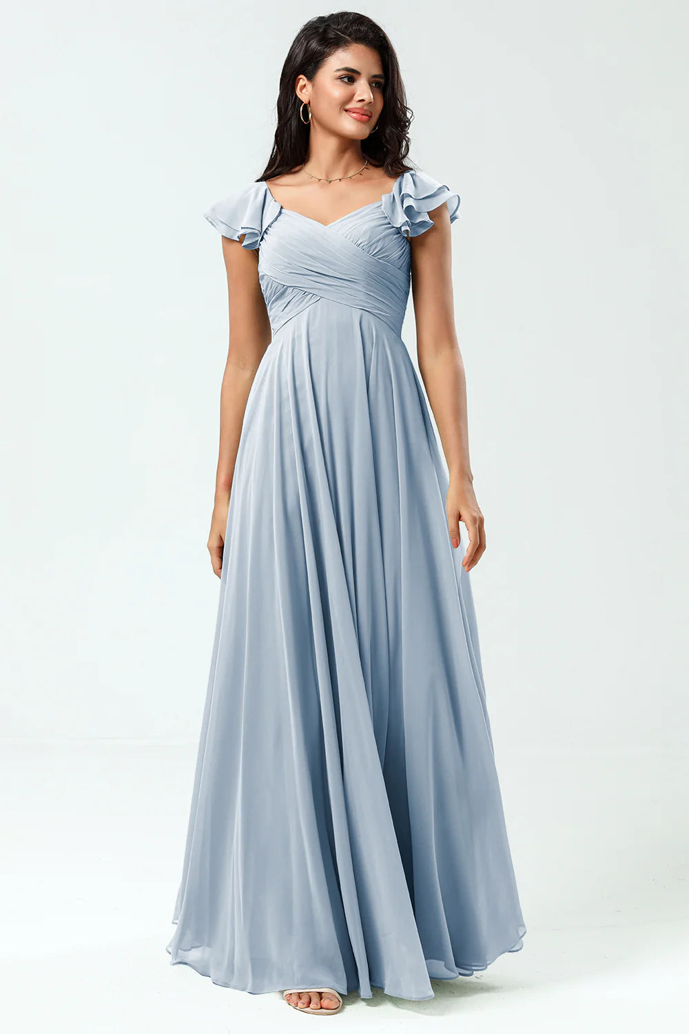 Lace Up Back Cross A Line Chiffon Bridesmaid Dress with Ruffles