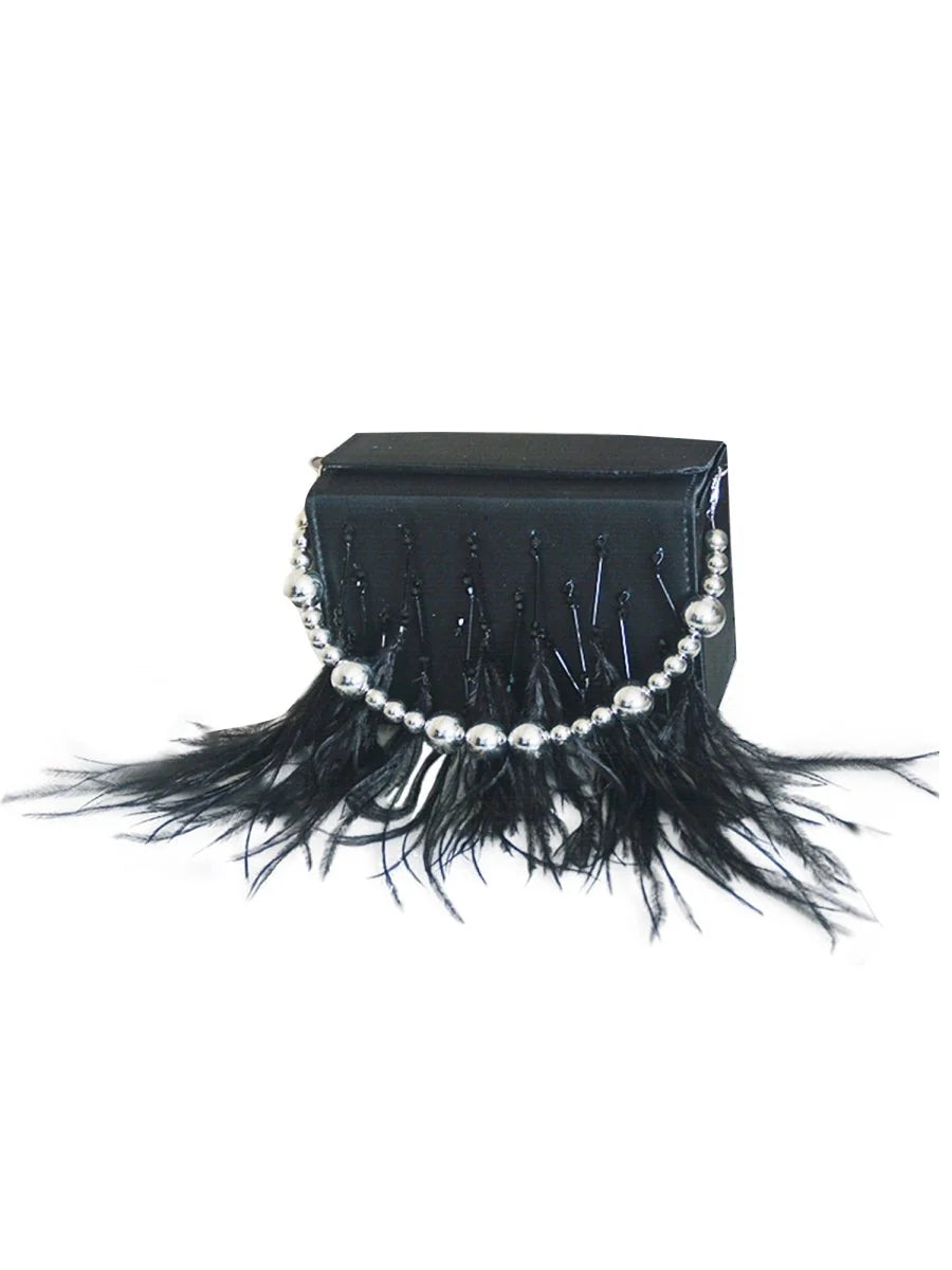 Womens Orstrich Feather Beaded Clutch Bags