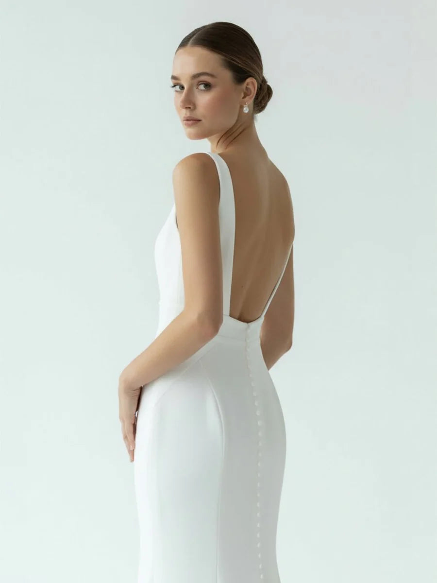 Simple Mermaid V Neck Satin White Wedding Dresses