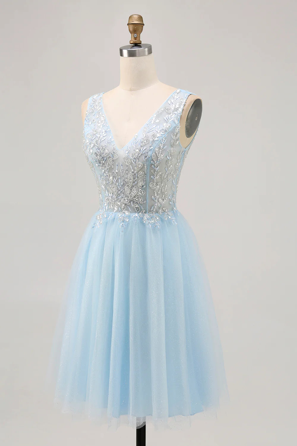 Blue A Line V Neck Floral Appliqued Short Homecoming Dress