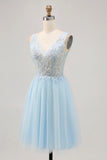 Blue A Line V Neck Floral Appliqued Short Homecoming Dress