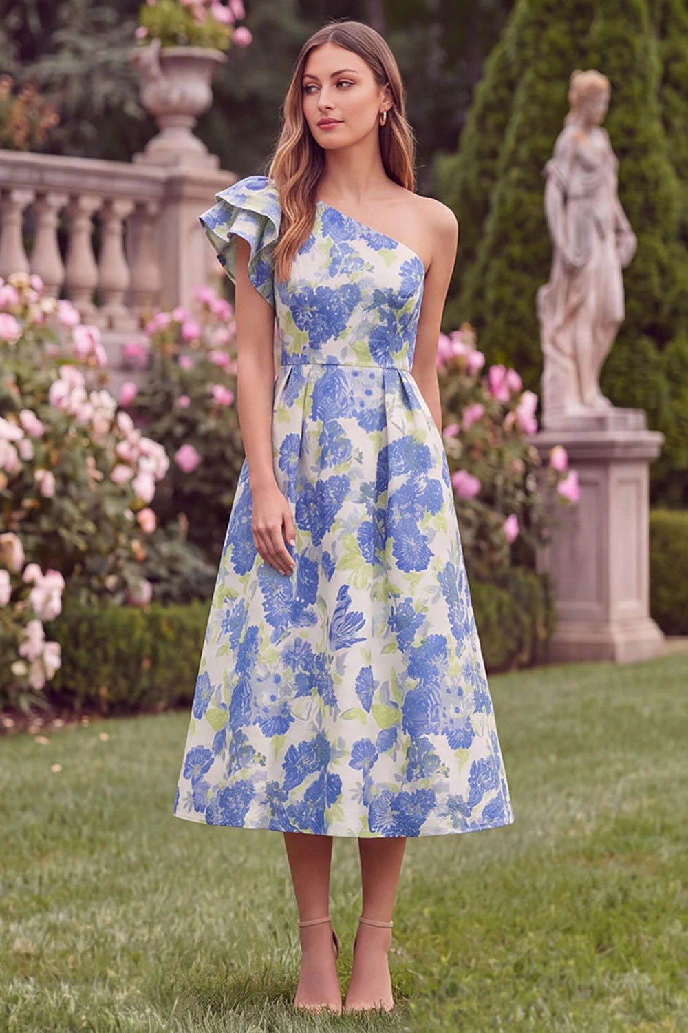 One Shoulder Blue Floral A Line Ruffled Midi Wedding Guest Dress