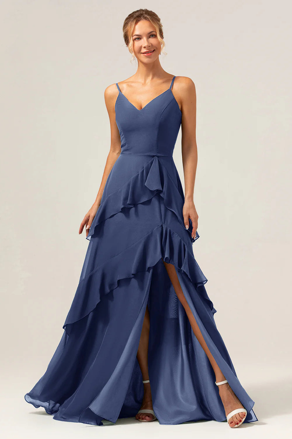 Dark Green A Line Spaghetti Straps Ruffled Chiffon Floor Length Bridesmaid Dress with Slit