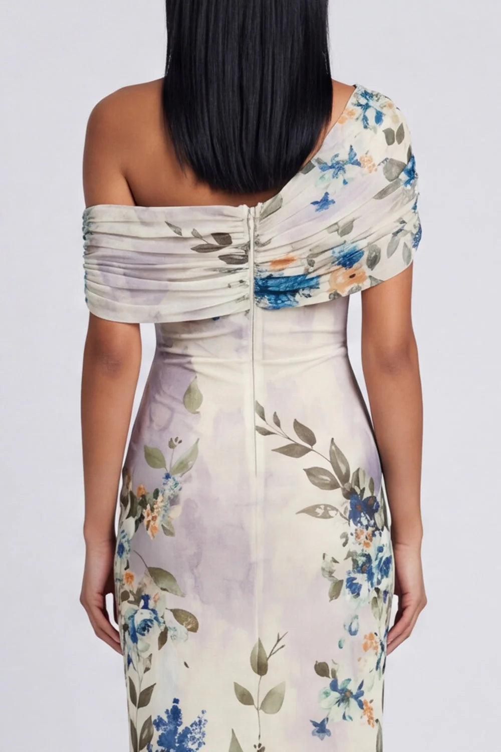 One Shoulder Sheath Ivory Floral Wedding Guest Dress