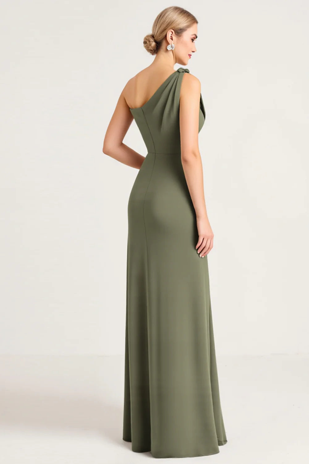Olive One Shoulder Ruched Sheath Bridesmaid Dress with Slit