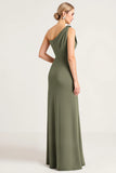Olive One Shoulder Ruched Sheath Bridesmaid Dress with Slit