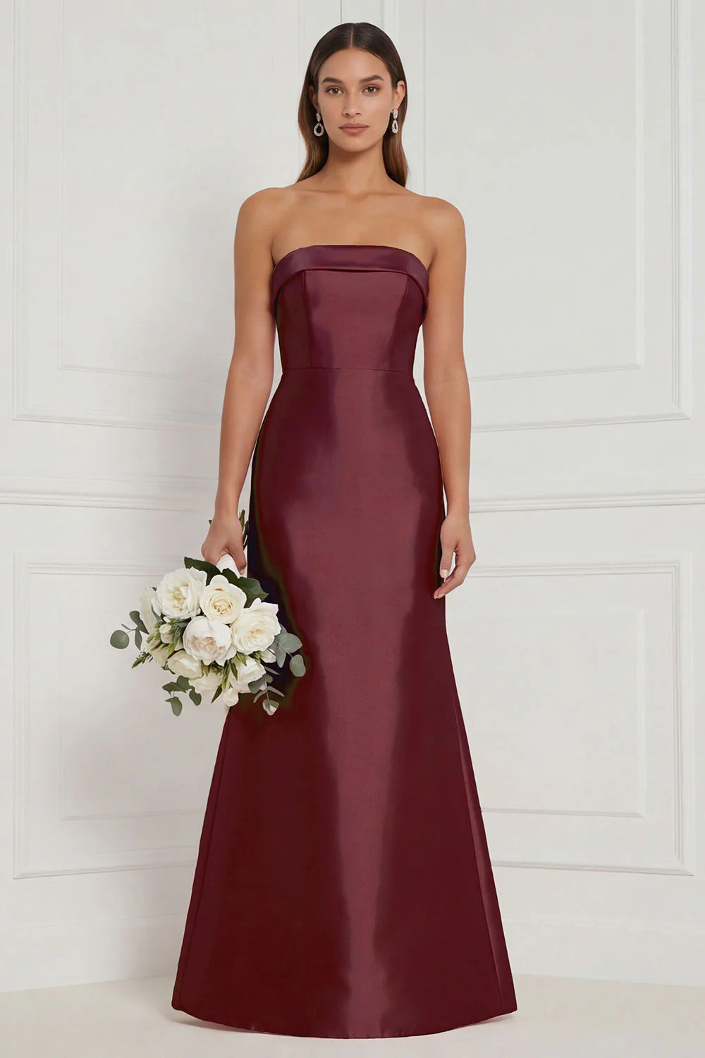 Strapless Mermaid Dusty Rose Satin Long Bridesmaid Dress