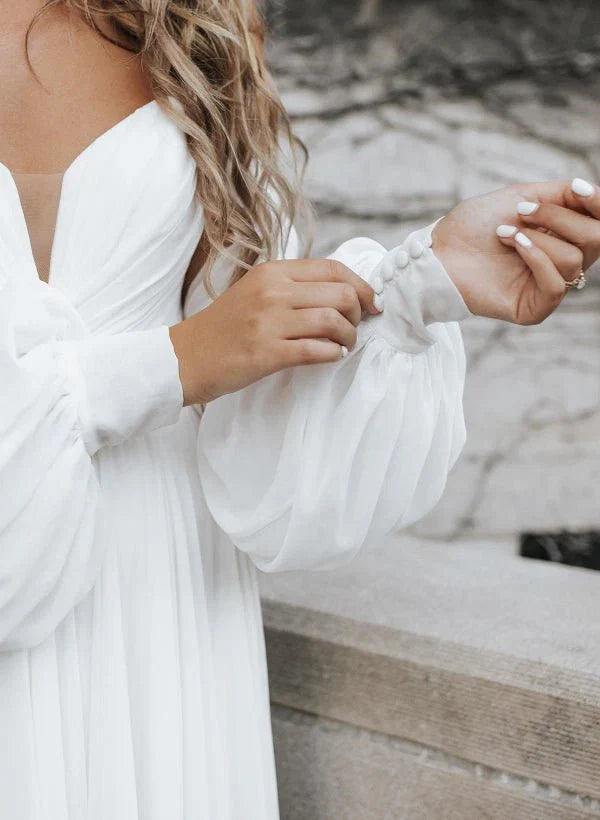 A Line Sweetheart Long Sleeves Chiffon Sweep Train Wedding Dress