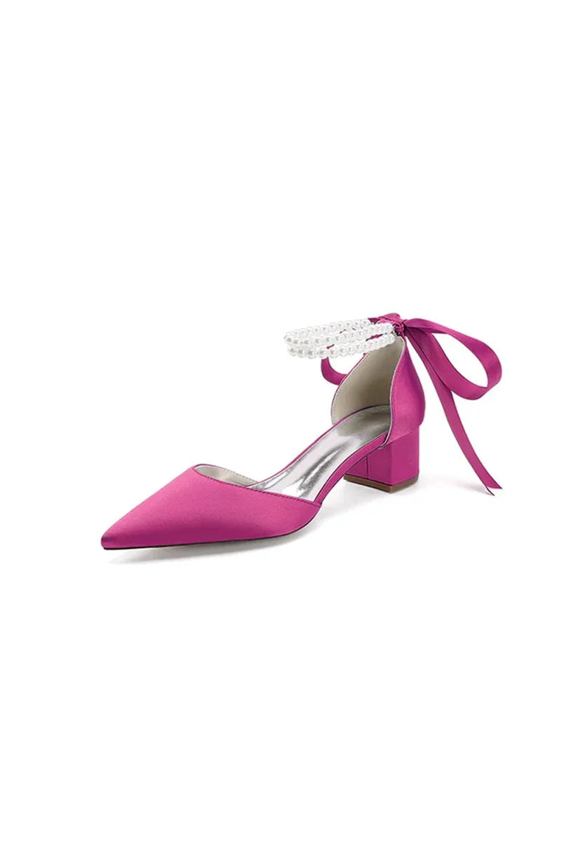 Pointed Toe Double Pearl Ankle Strap Party Shoes With Ribbon Tie
