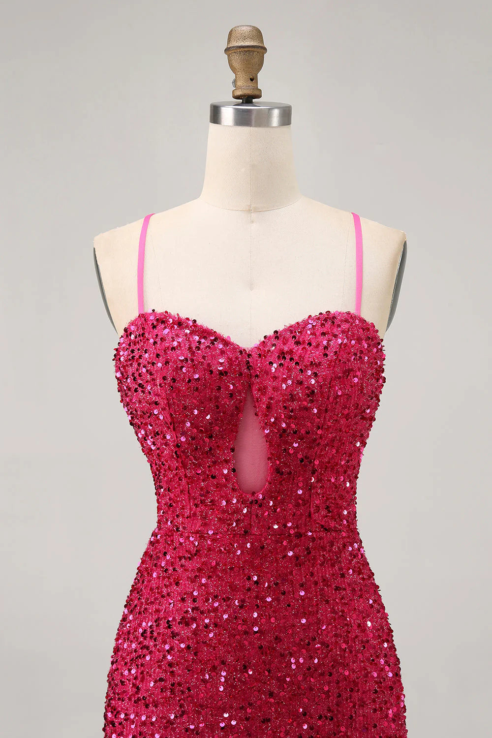 Sparkly Fuchsia Sequins Spaghetti Straps Short Tight Homecoming Dress