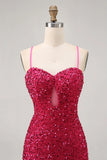 Sparkly Fuchsia Sequins Spaghetti Straps Short Tight Homecoming Dress