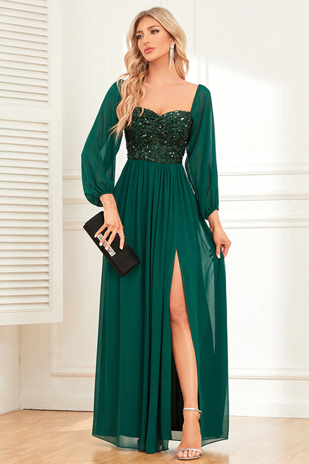 A Line Dark Green Sequins Prom Dress with Sleeves