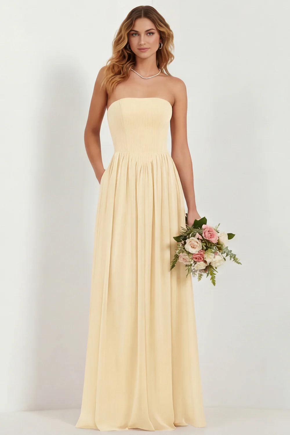 Strapless Eucalyptus Chiffon A Line Long Bridesmaid Dress with Pockets