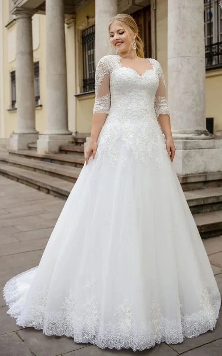 Simple Ball Gown Floor length Half Sleeve Lace Queen Anne Wedding Dress with Appliques